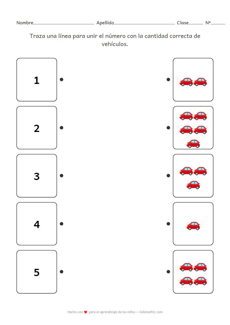 Hoja de trabajo de emparejamiento de números y cantidad de vehículos para preescolares