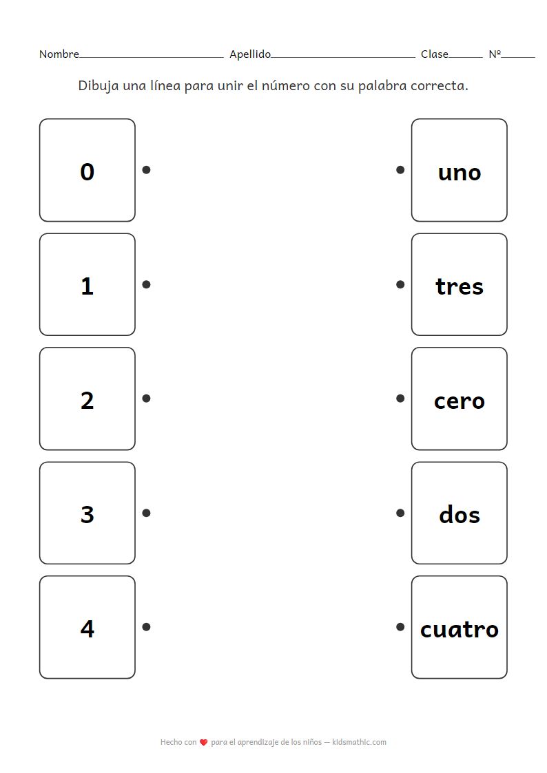 Hoja de trabajo de emparejamiento de números 0-4 con palabras para preescolares