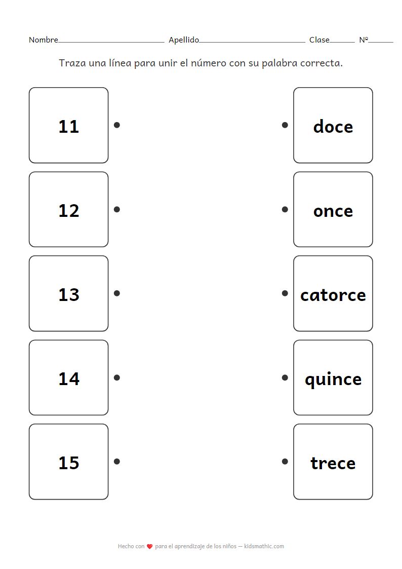 Ficha de trabajo para unir números 11-15 con palabras para preescolar