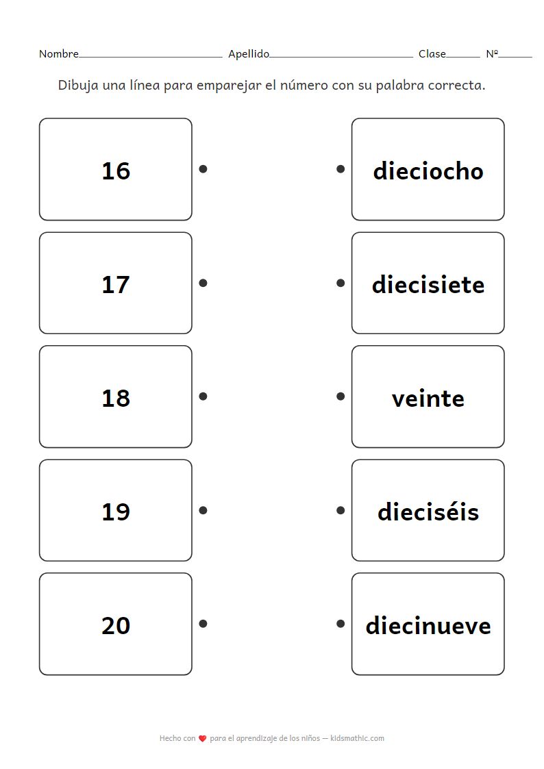 Hoja de trabajo de emparejamiento de números: 16-20 con palabras para preescolares