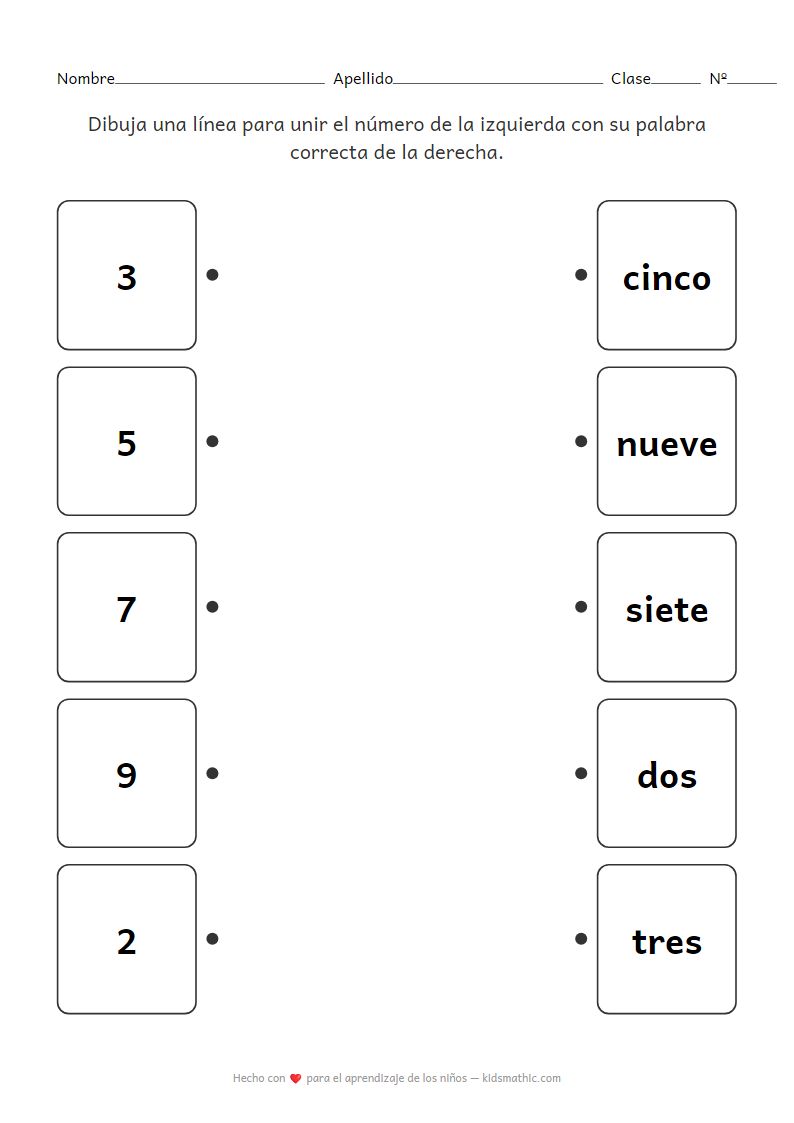Hoja de Trabajo de Emparejamiento: Números 1-10 a Palabras para Preescolares