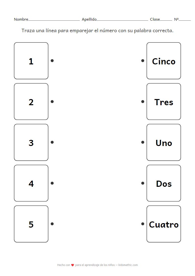 Hoja de Trabajo de Jardín de Infantes: Emparejar Números del 1 al 5 con Palabras