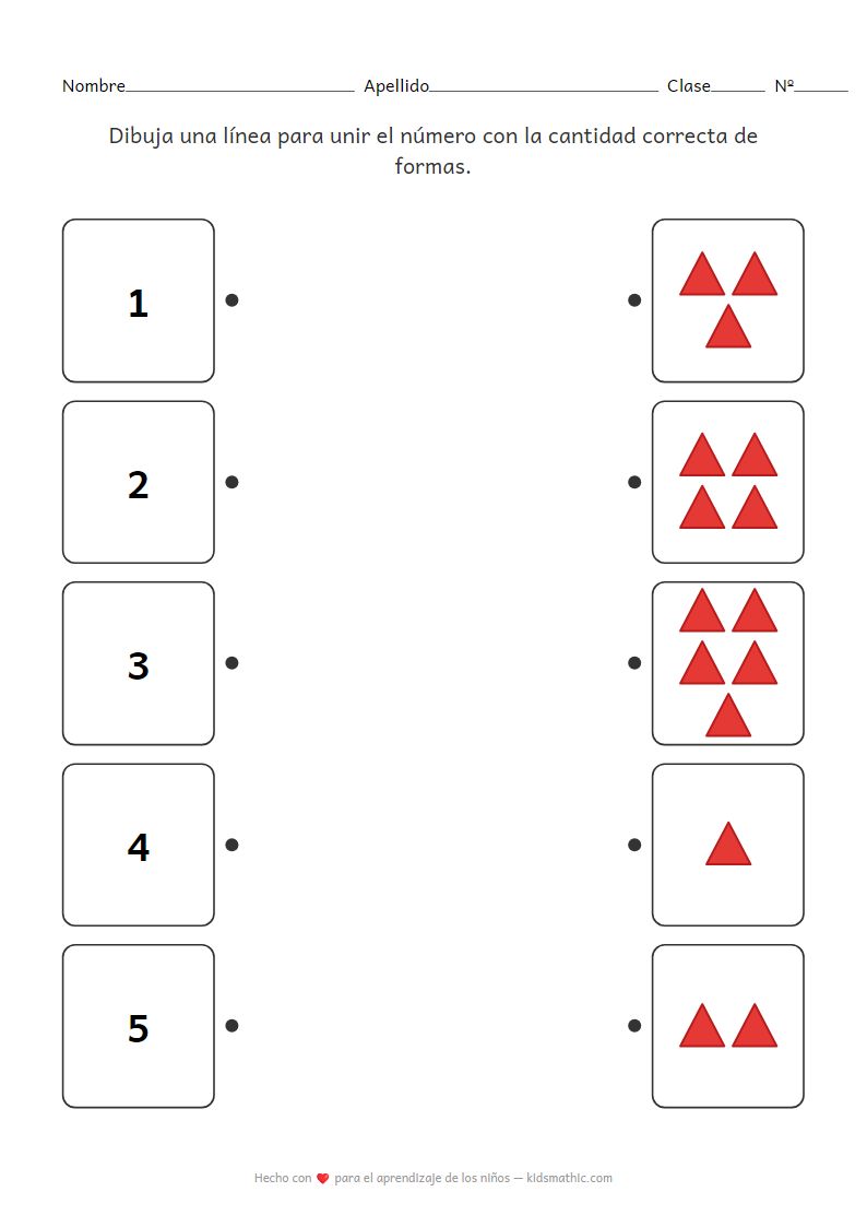 Hoja de trabajo para unir números 1-5 con la cantidad de formas para preescolares