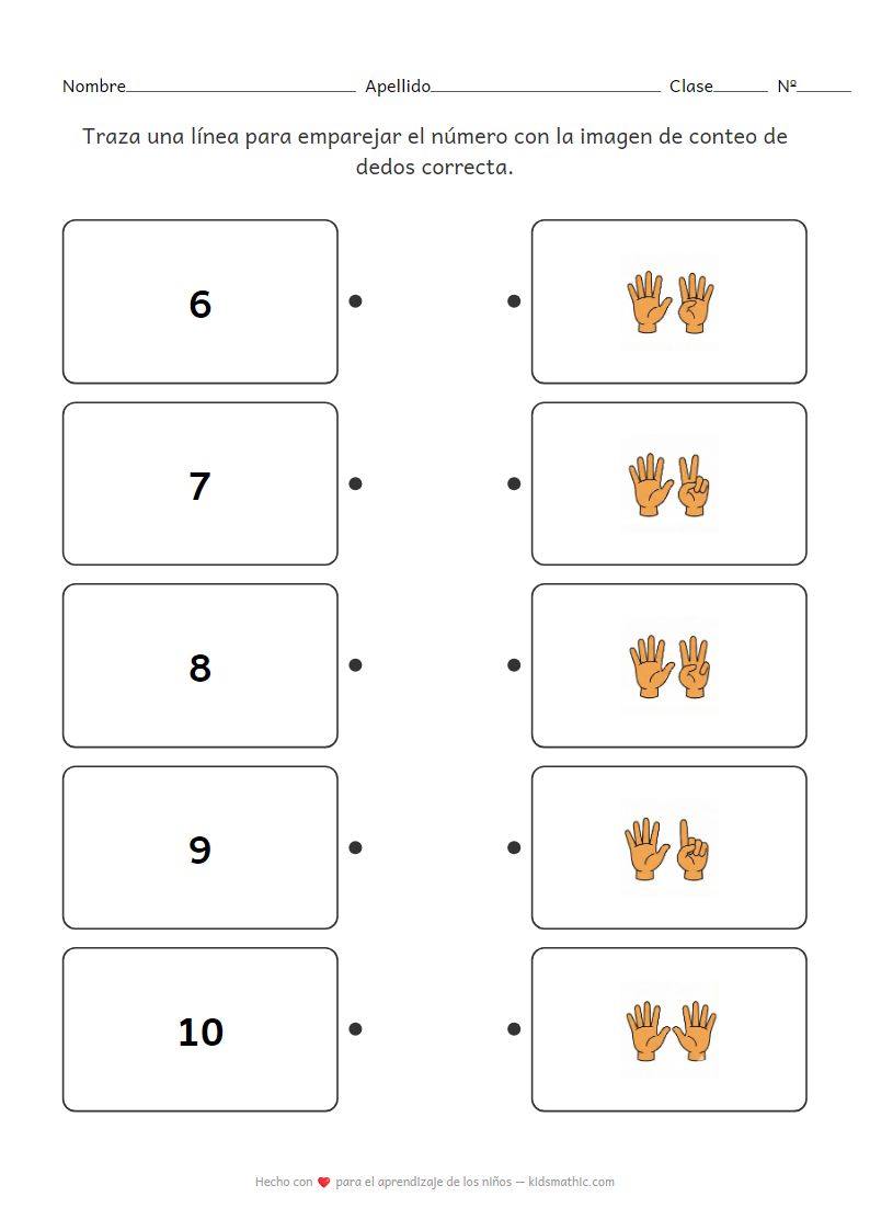 Ficha de Emparejar Números 6-10 con Dedos para Preescolares