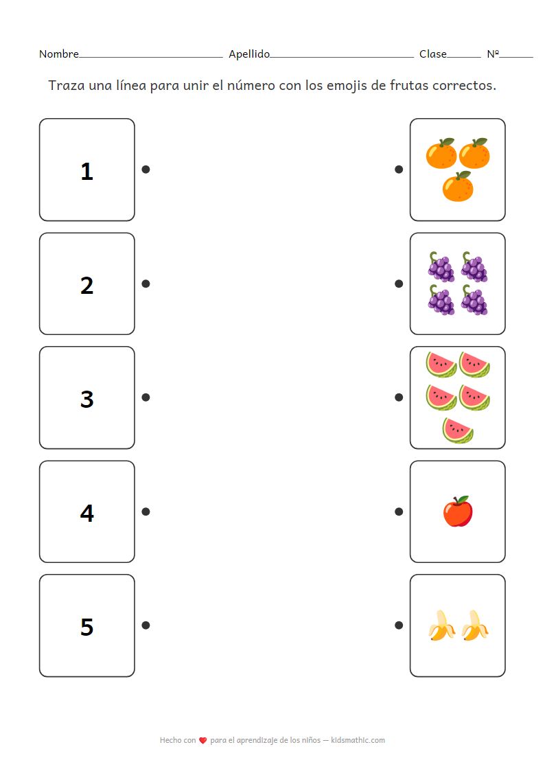 Hoja de Trabajo de Matemáticas: Unir Números del 1 al 5 con Emojis de Frutas para Preescolar