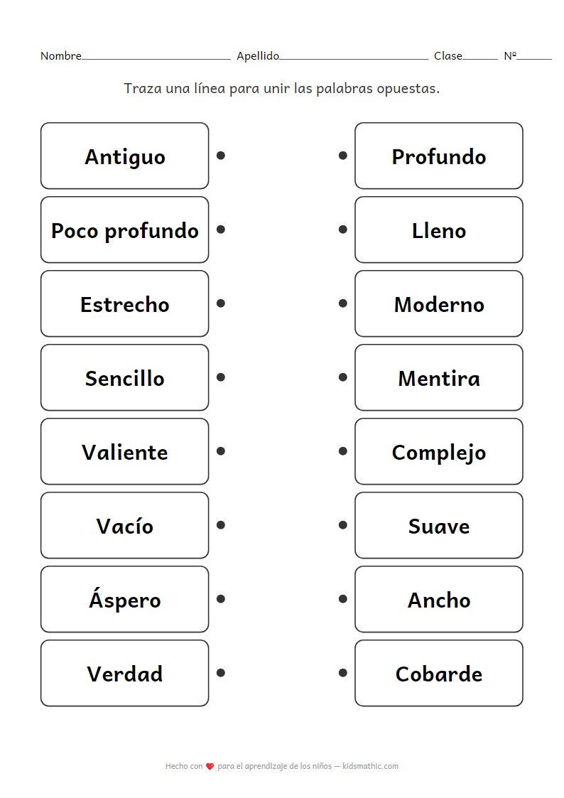 Hoja de trabajo de emparejamiento de palabras opuestas en inglés difíciles para K3