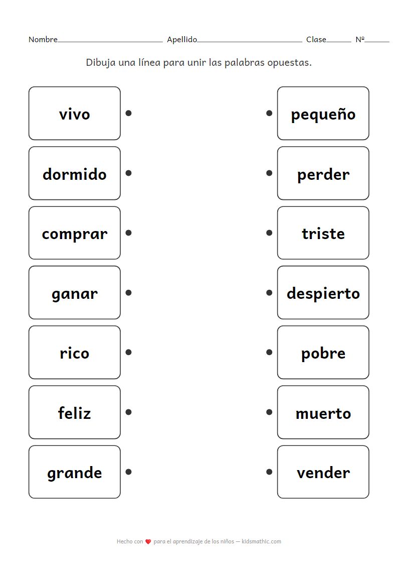 Hoja de Trabajo de Emparejar Palabras Opuestas en Inglés para K3