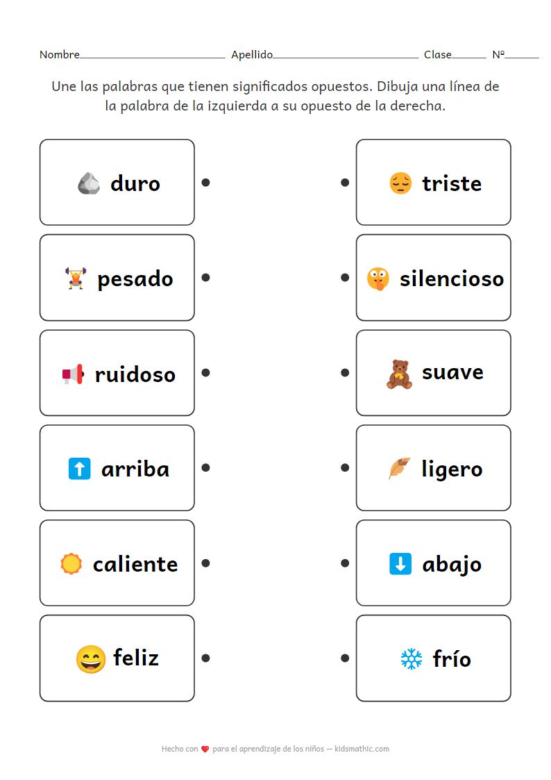 Hoja de Trabajo de Unir Palabras Opuestas para Preescolares