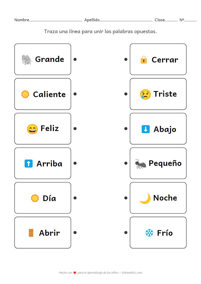 Hoja de Trabajo de Emparejamiento de Opuestos para Niños Preescolares