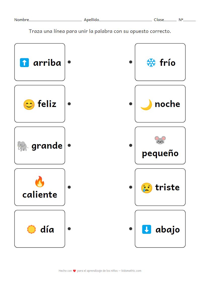 Hoja de trabajo de emparejar opuestos para niños | Vocabulario