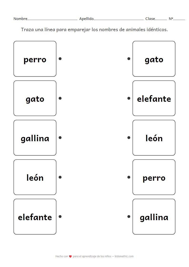 Hoja de trabajo de emparejamiento de nombres de animales domésticos y salvajes para preescolares