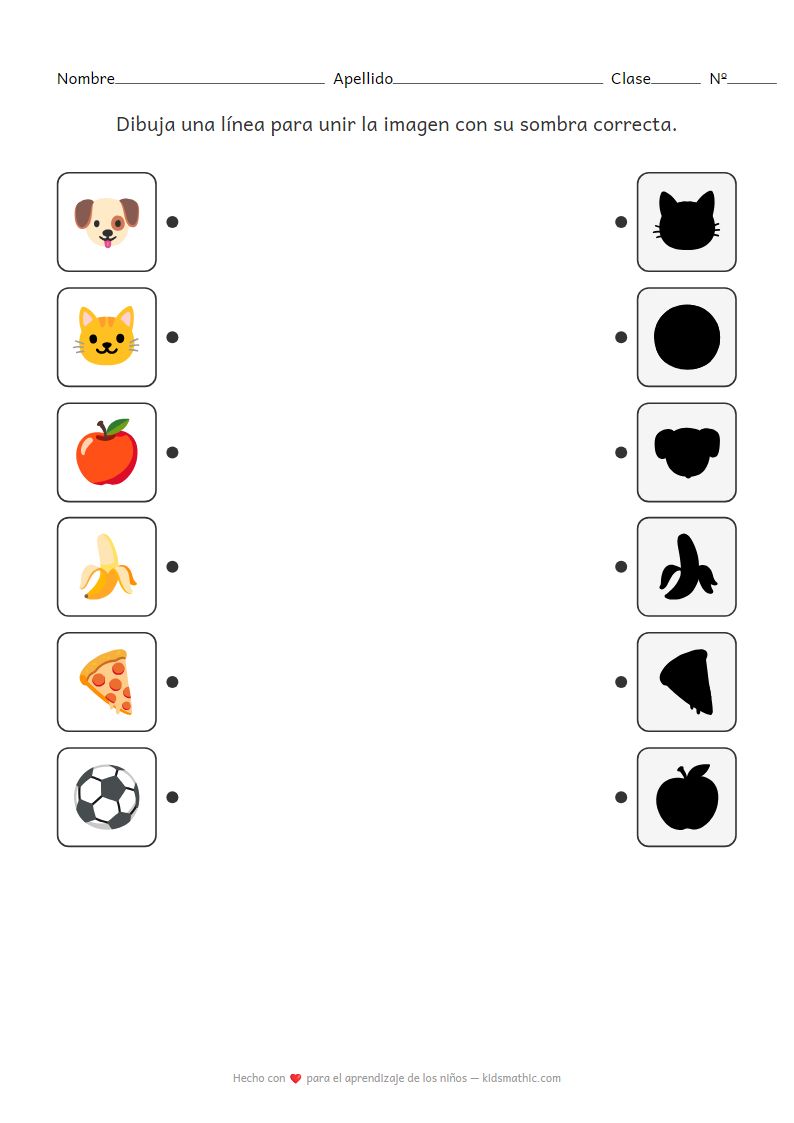 Hoja de trabajo de emparejamiento de sombras: animales, frutas, comida y deportes para preescolares