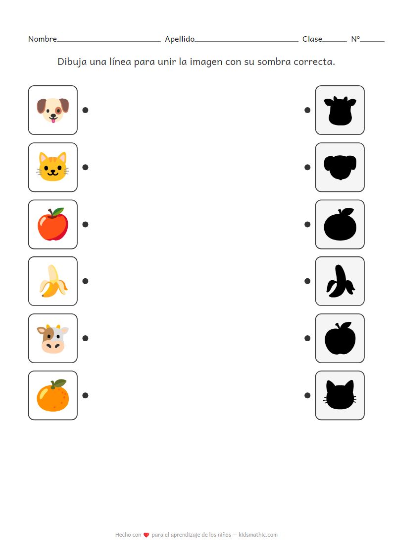 Hoja de trabajo de emparejamiento de sombras: Animales y Frutas para Preescolares