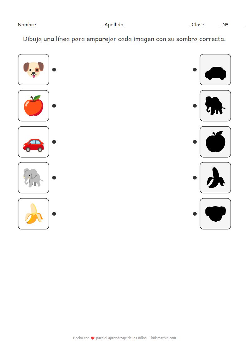 Hoja de trabajo de emparejamiento de sombras: Animales, frutas y vehículos para preescolares