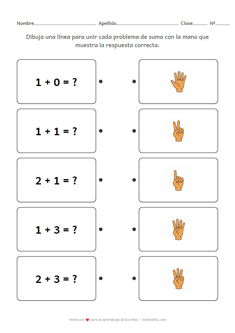 Ficha de Trabajo de Matemáticas para Niños: Emparejar Sumas Simples con Dedos