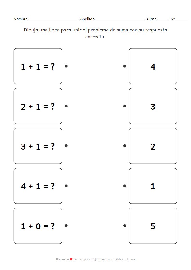Hoja de trabajo de emparejamiento de sumas simples hasta 5 para niños de jardín de infantes