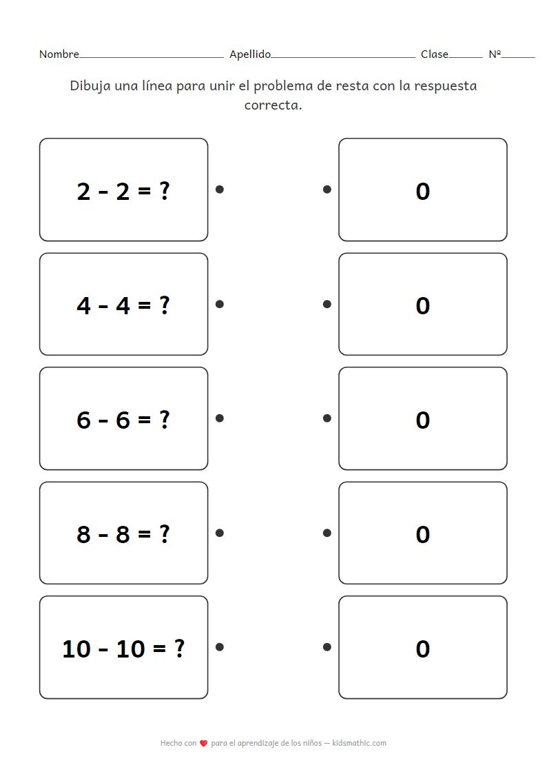 Ficha de Restas Sencillas para Preescolares