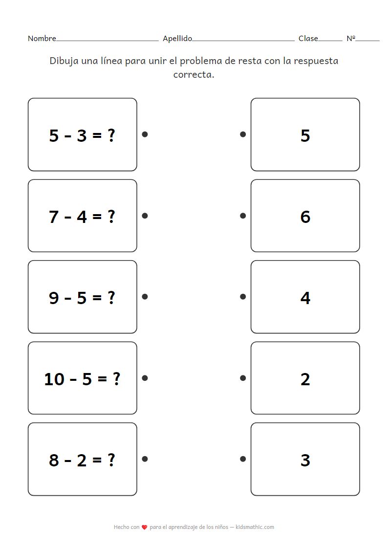 Hoja de Trabajo de Resta Simple para Jardín de Infancia Habilidades Matemáticas Tempranas