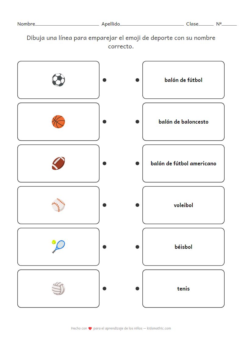 Hoja de trabajo de emparejamiento de emoji de deportes con nombres para preescolares