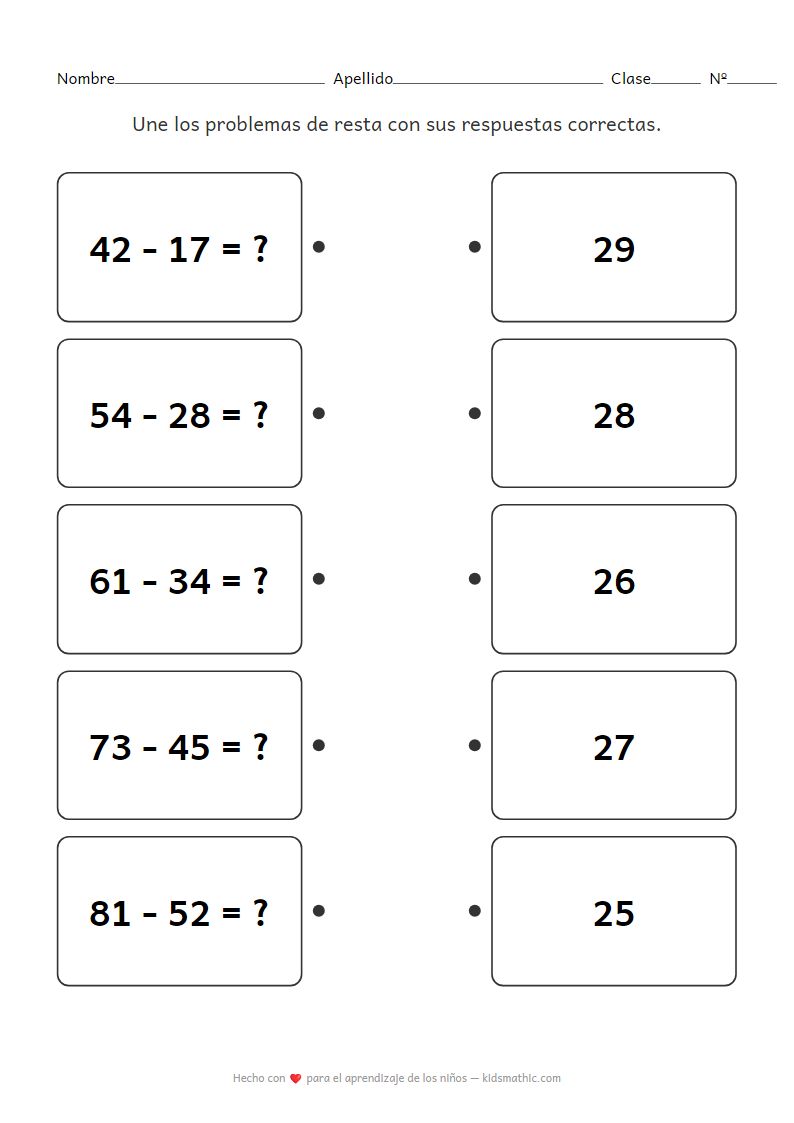 Hoja de Trabajo de Resta para Grado 2: Emparejar Números de Dos Dígitos con Préstamo