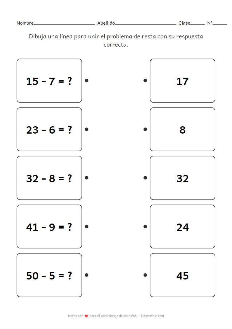 Hoja de trabajo de emparejamiento de problemas de resta con respuestas para P1