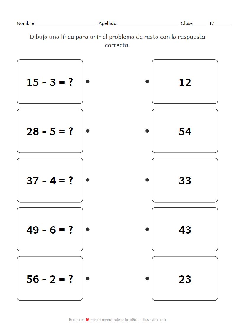 Hoja de trabajo de resta de dos dígitos por un dígito para primer grado