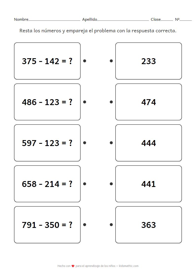 Hoja de Trabajo de Emparejamiento de Resta de 3 Dígitos (Sin Préstamo) para Preescolar