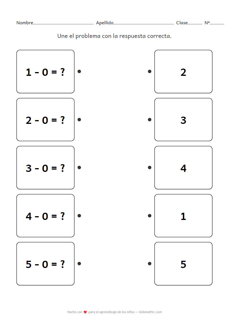 Hoja de trabajo de resta por cero para preescolar