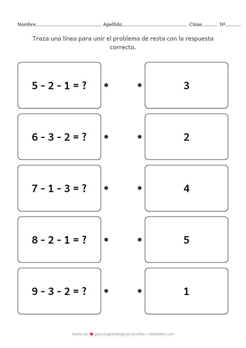 Ficha de Emparejar Problemas de Resta en Cadena para Preescolar