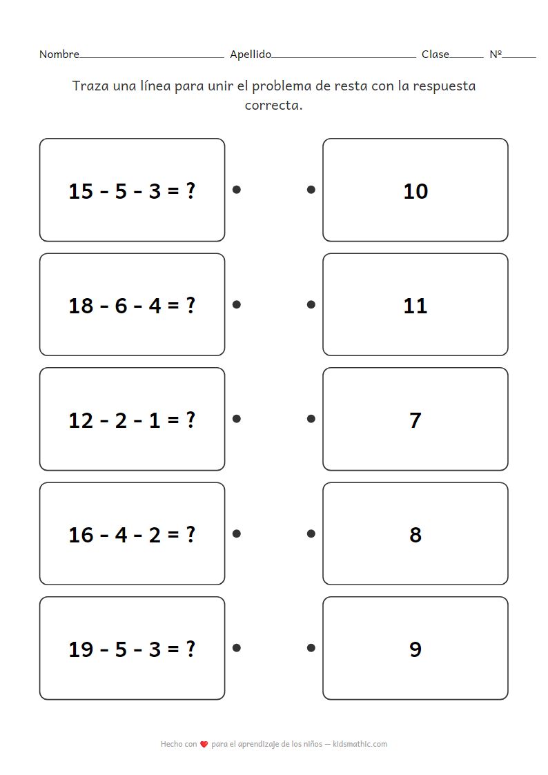 Hoja de trabajo de emparejamiento de resta continua para jardín de infancia