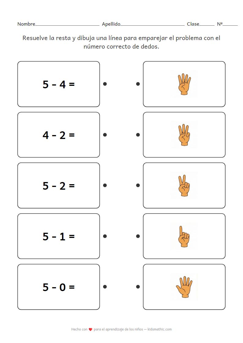 Hoja de trabajo de emparejamiento de restas con dedos para preescolares