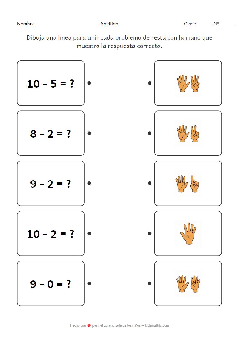 Hoja de trabajo de matemáticas para preescolar: Emparejar problemas de resta con conteo de dedos