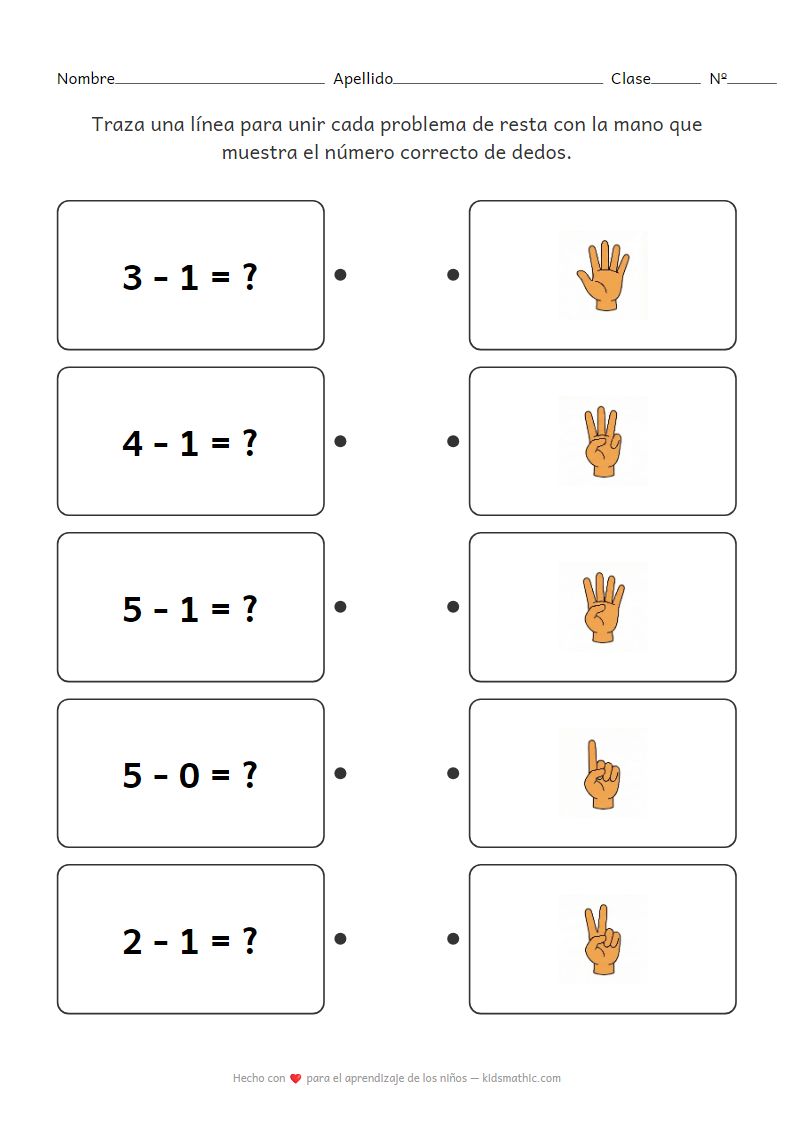 Hoja de trabajo de resta y conteo con dedos para preescolar