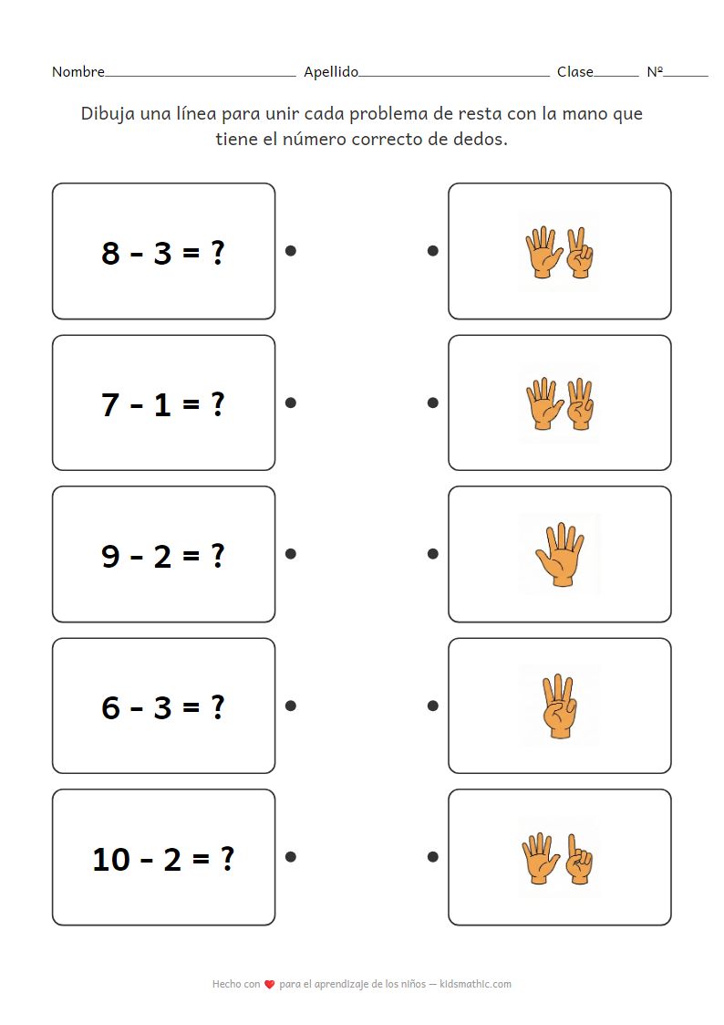 Ficha de resta: Unir problemas con conteo de dedos para preescolar