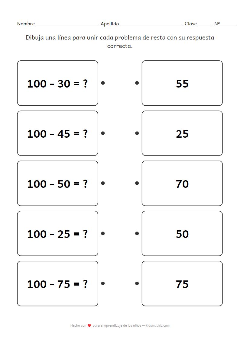 Ficha de Emparejamiento de Restas de 100 para Niños de 2º Grado
