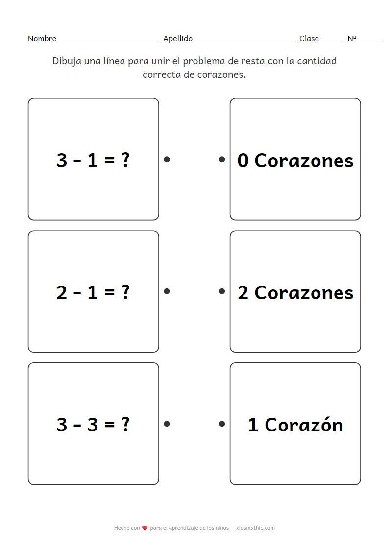 Ficha de Restas Sencillas con Corazones para Preescolar