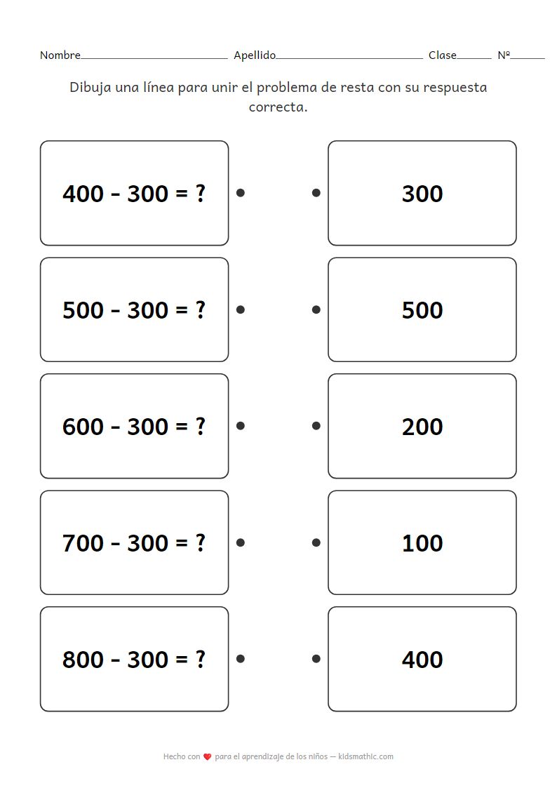 Ficha de trabajo para unir problemas de resta de centenas para niños de 2º grado