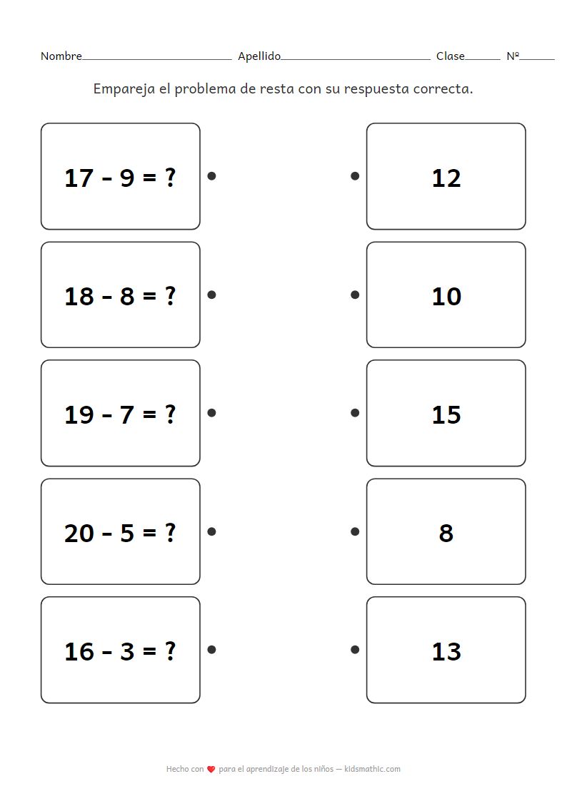 Ficha de Emparejar Restas para Preescolar