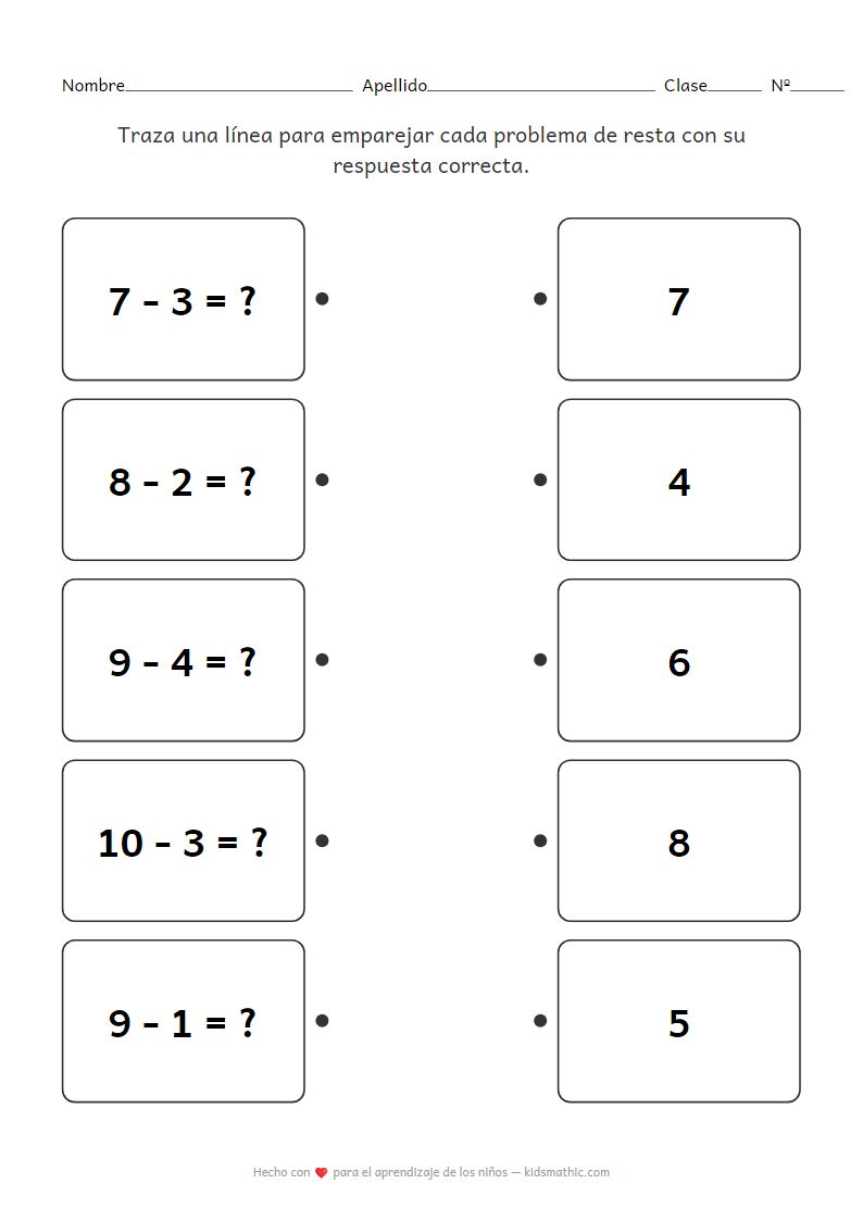 Hoja de trabajo de emparejamiento de restas para jardín de infancia