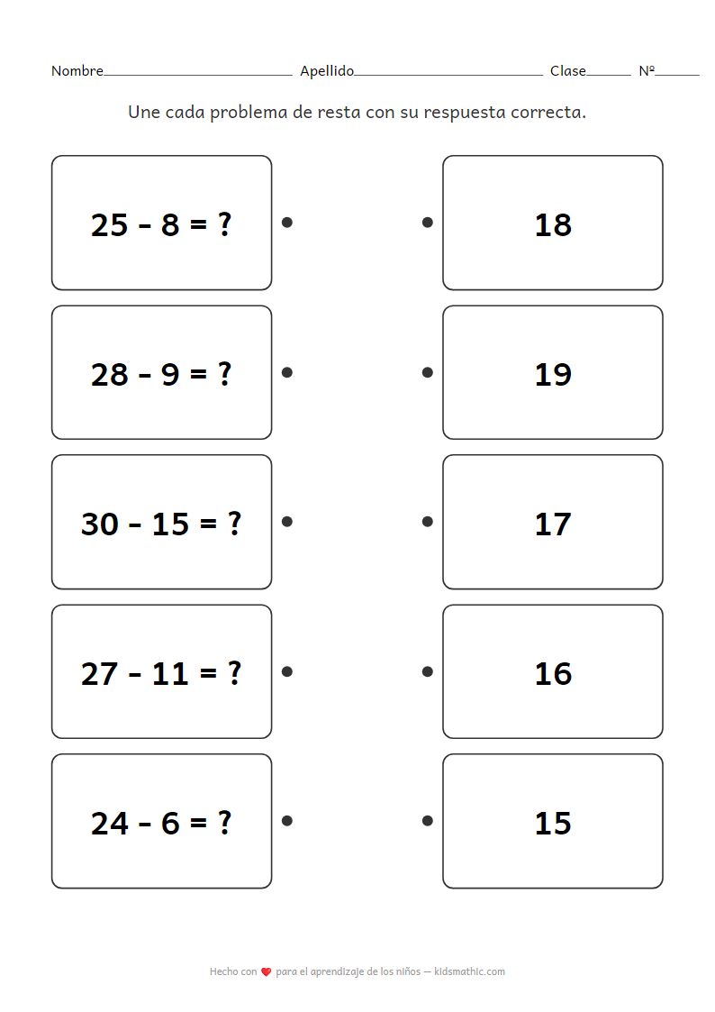 Hoja de Trabajo de Restas: Empareja Problemas de Dos Dígitos para Grado 1