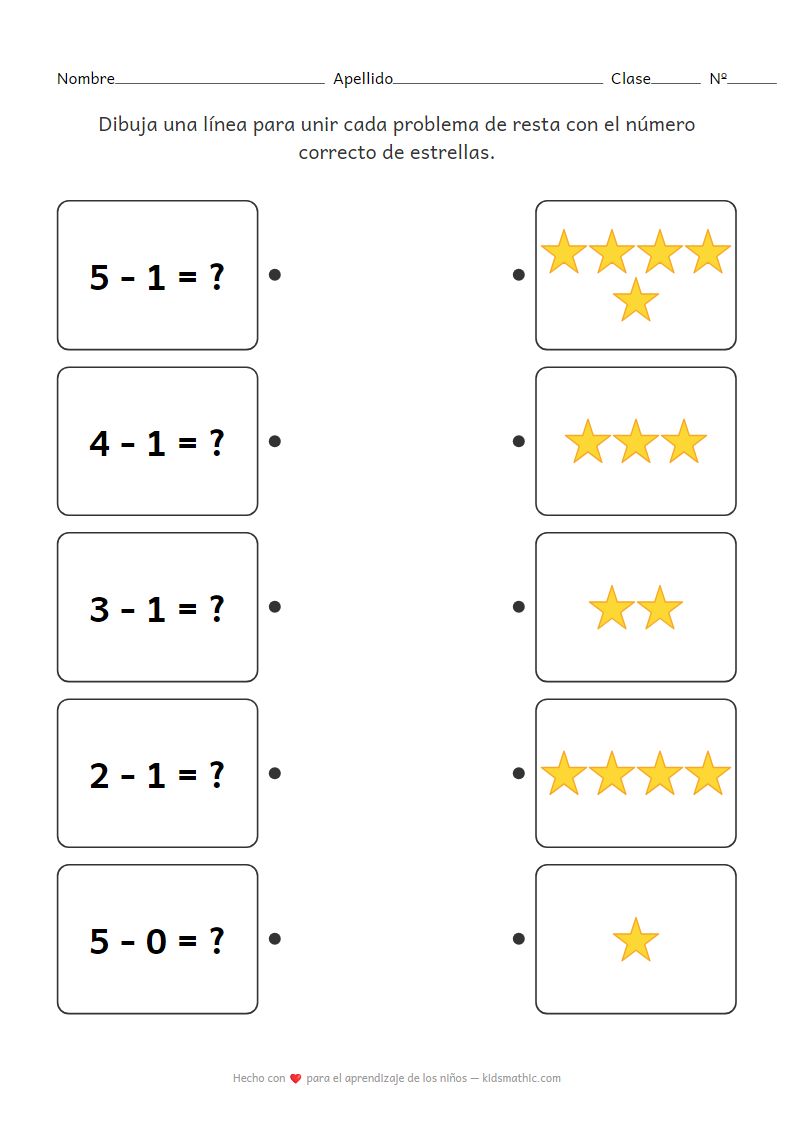 Hoja de Trabajo de Emparejamiento: Problemas de Resta y Estrellas para Preescolar