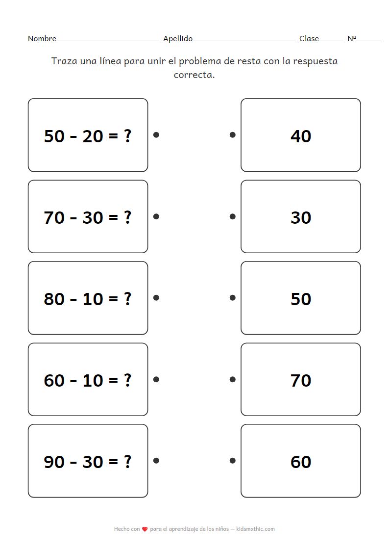 Hoja de trabajo de emparejamiento de restas de decenas para niños de primer grado