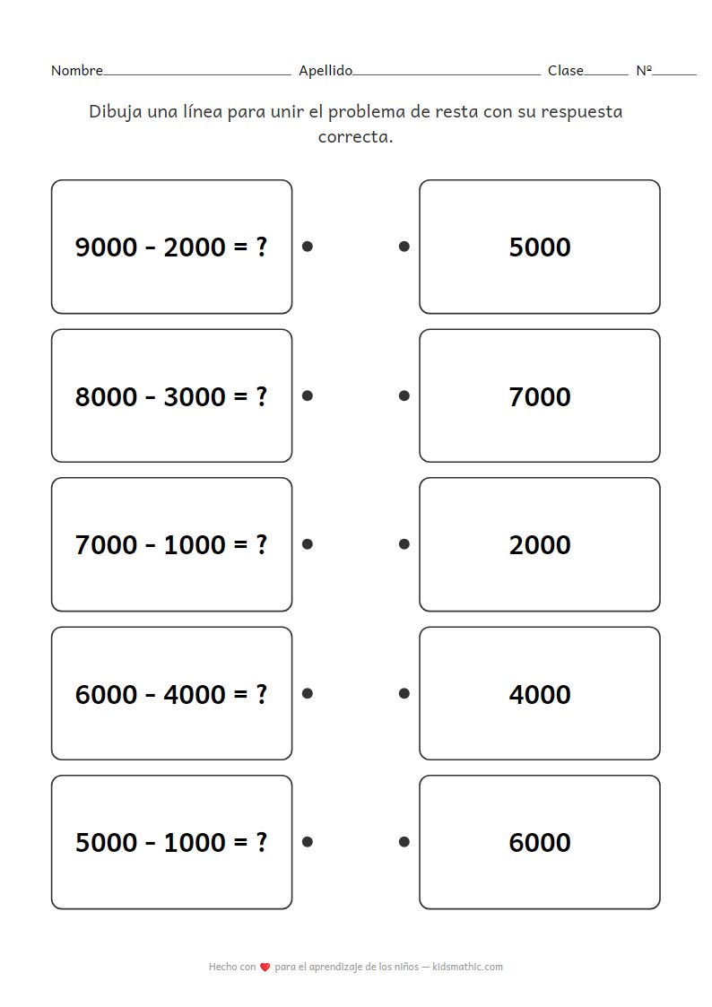 Hoja de Trabajo de Emparejamiento de Restas de Miles para Preescolares