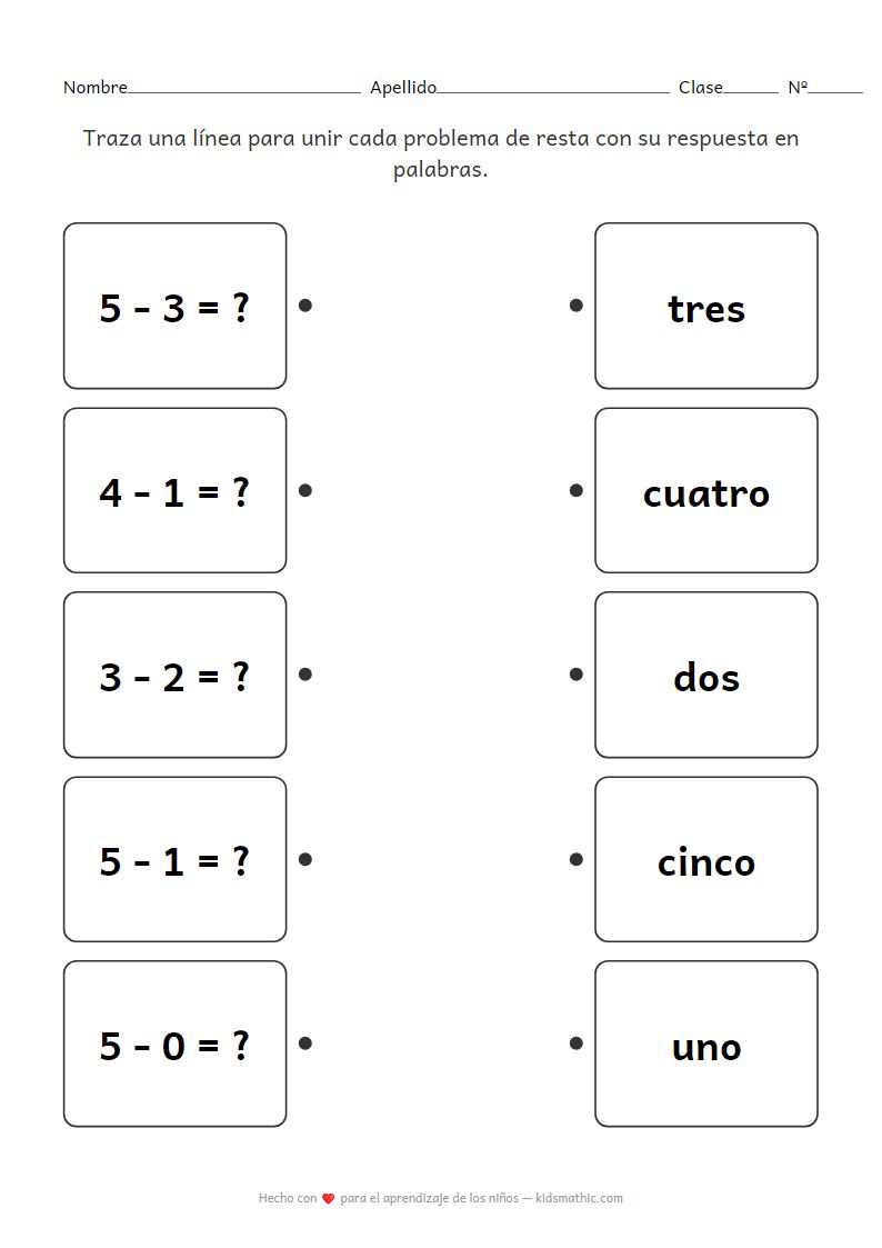 Hoja de trabajo de emparejamiento de resta simple para preescolares (1-5)
