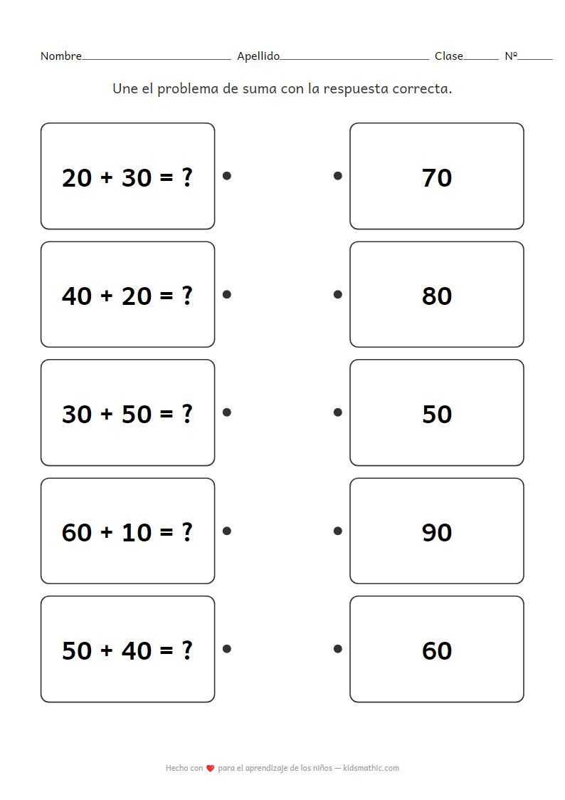 Hoja de Trabajo de Emparejamiento de Sumas de Decenas para Niños de Primaria 1