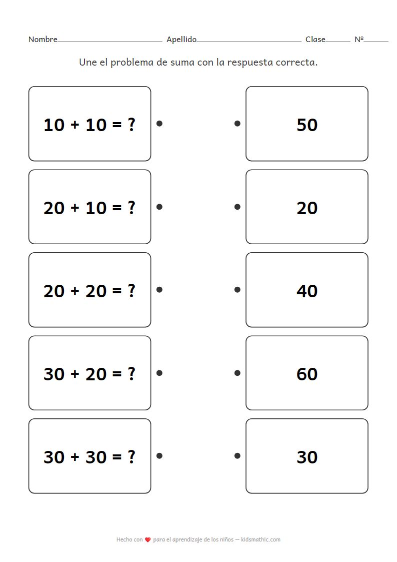 Hoja de trabajo de emparejamiento de sumas de decenas para preescolar