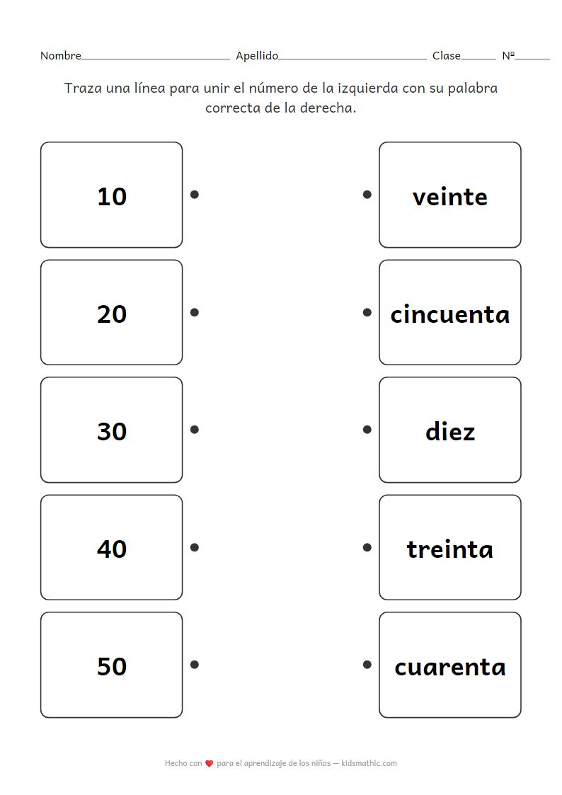 Hoja de Trabajo de Unir Decenas con Palabras para Preescolares