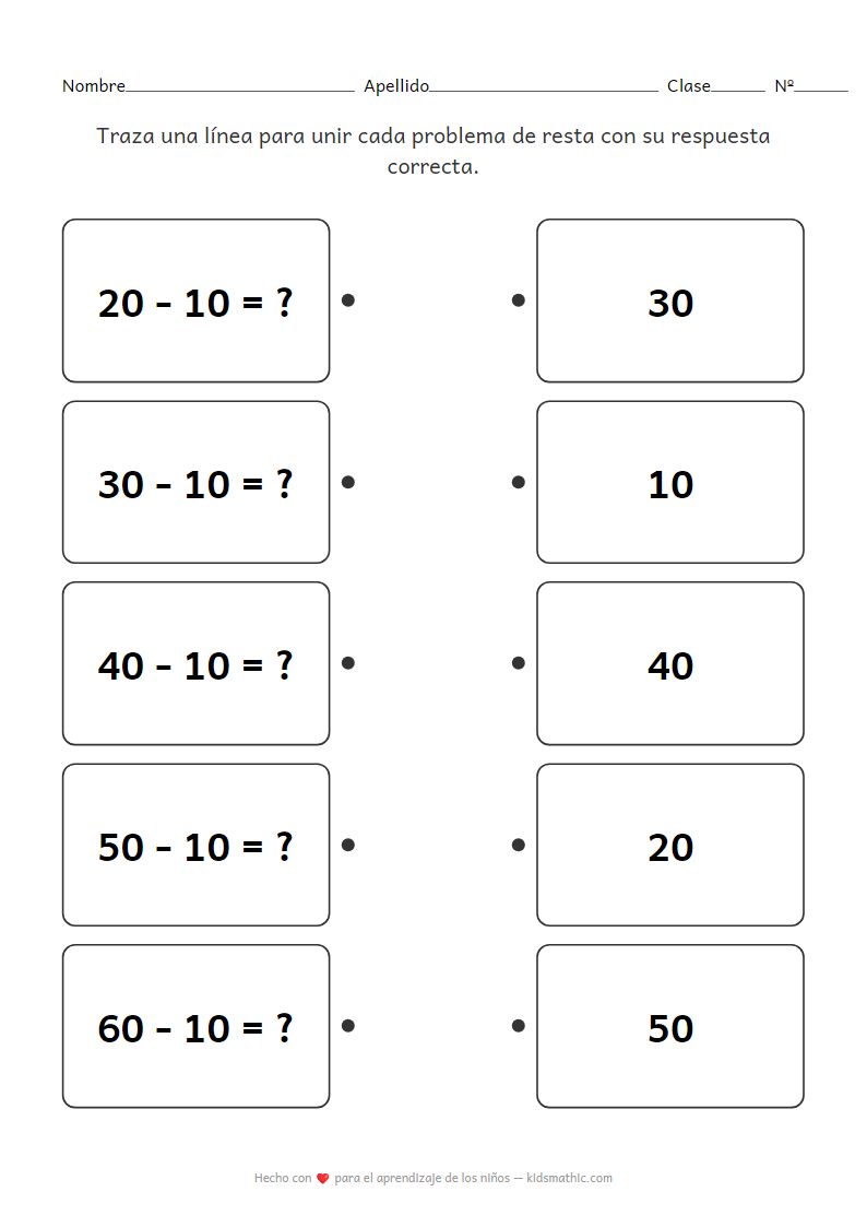 Hoja de trabajo de resta de decenas para preescolares