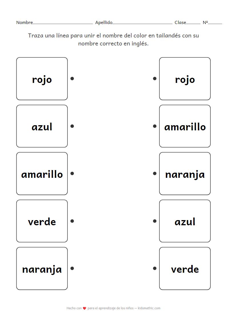 Ficha de trabajo para emparejar nombres de colores tailandeses e ingleses para preescolares