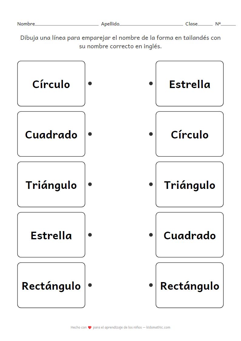 Hoja de Trabajo: Emparejar Nombres de Formas Tailandés-Inglés para Preescolar